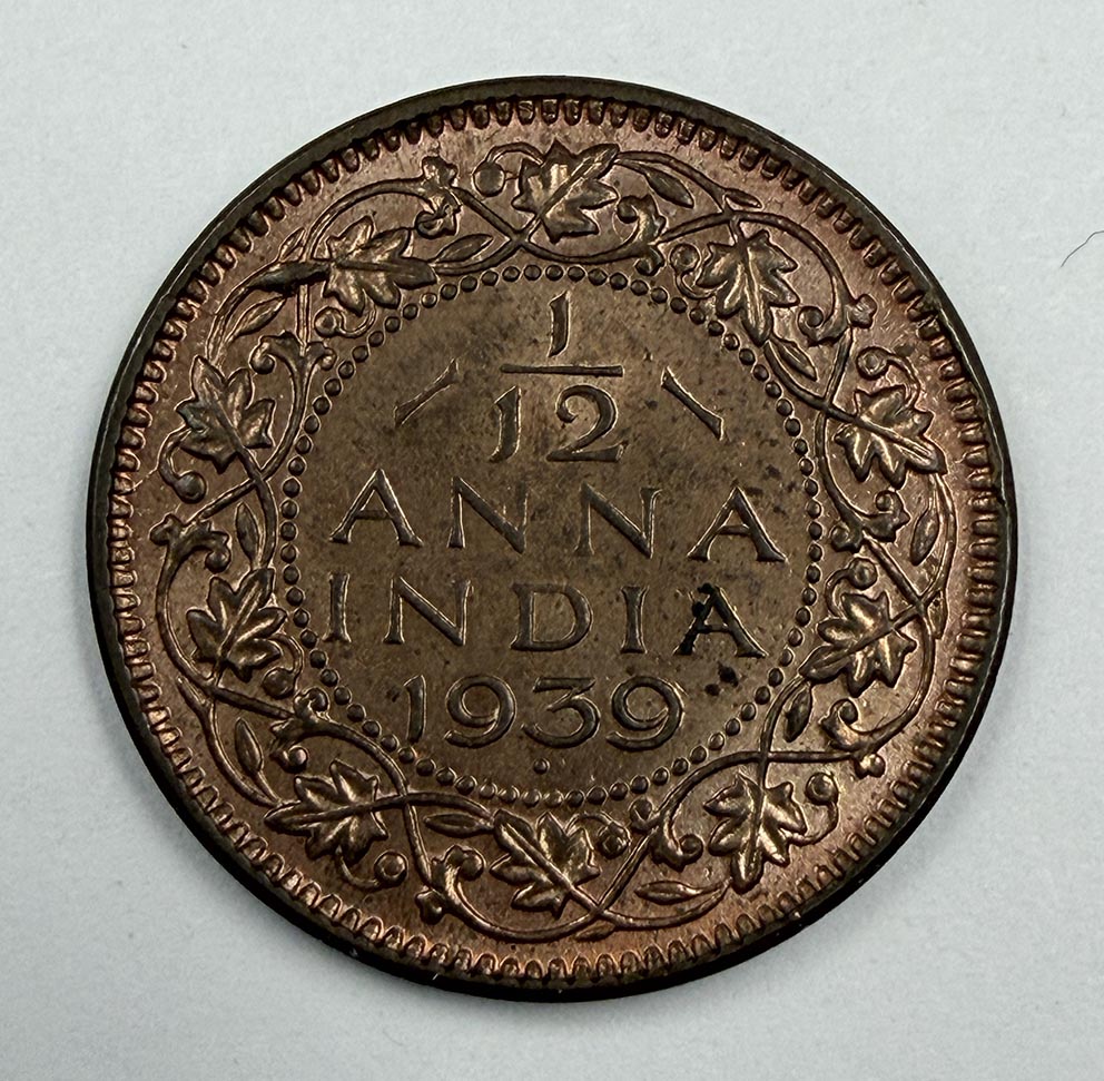 India 1/12 anna 1939 KM# 528