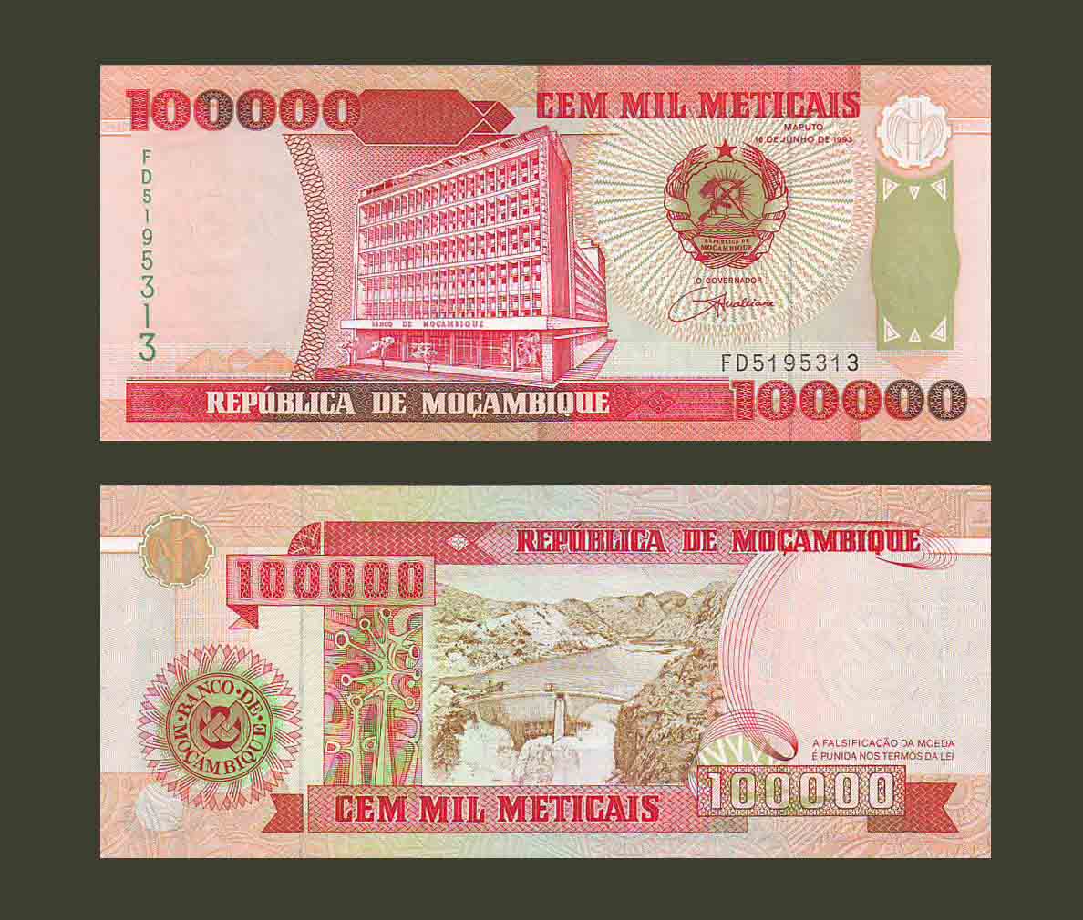 Mozambique 100000 Meticals 1993 P138 UNC