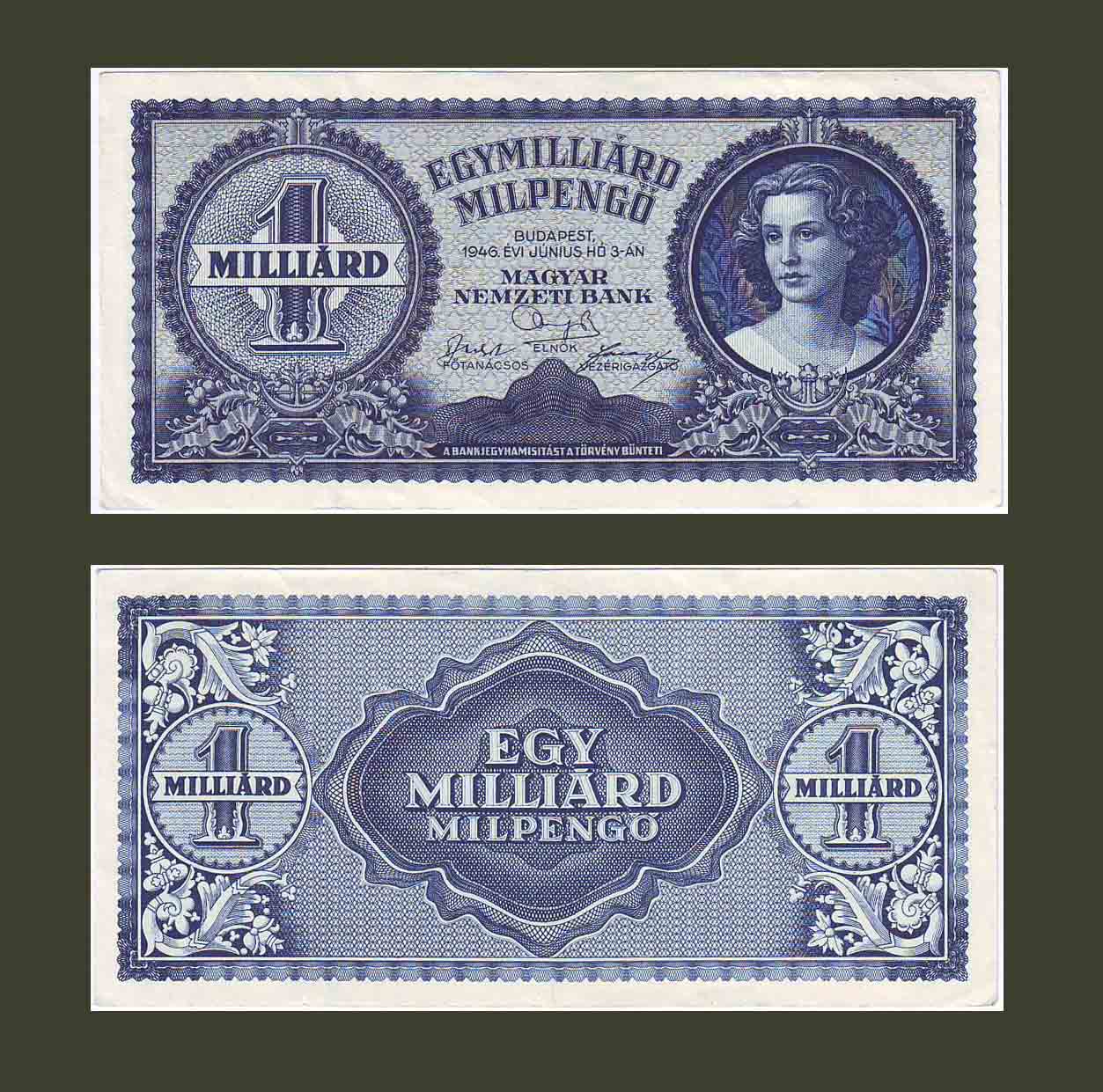 Hungary 1,000,000,000 Milpengo 1946 P131 XF-AU