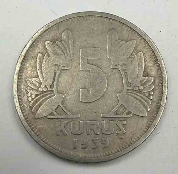 Turkey 5 kurus 1939 KM#862