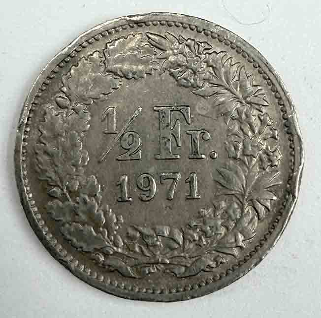 Switzerland ½ Frank 1971 KM#23a.1
