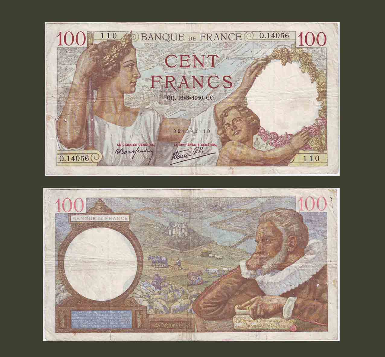 France 100 Francs 1940 P94 F+ (pinholes)