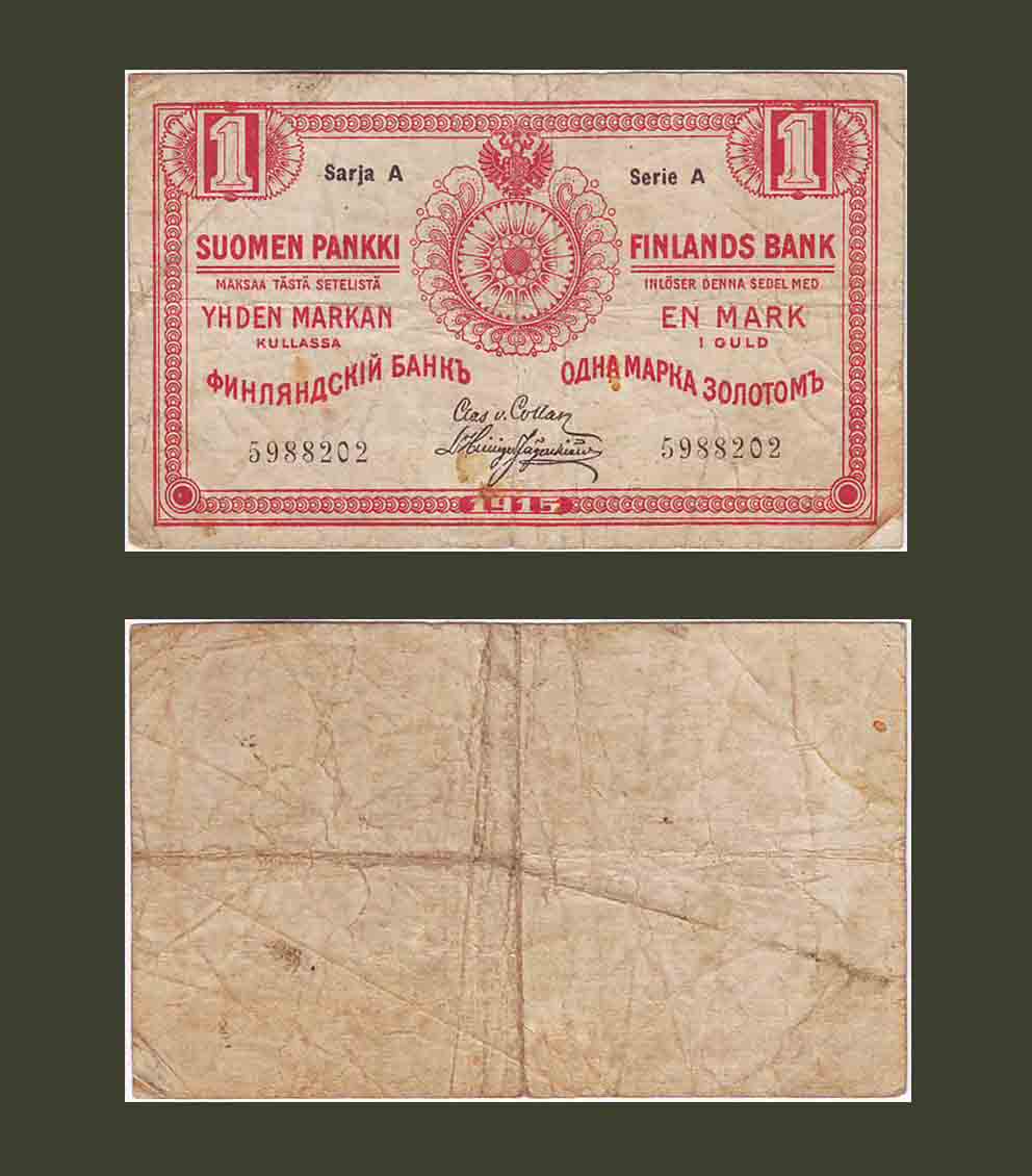 Finland 1 Gold Markkaa 1915 P16b F-VF