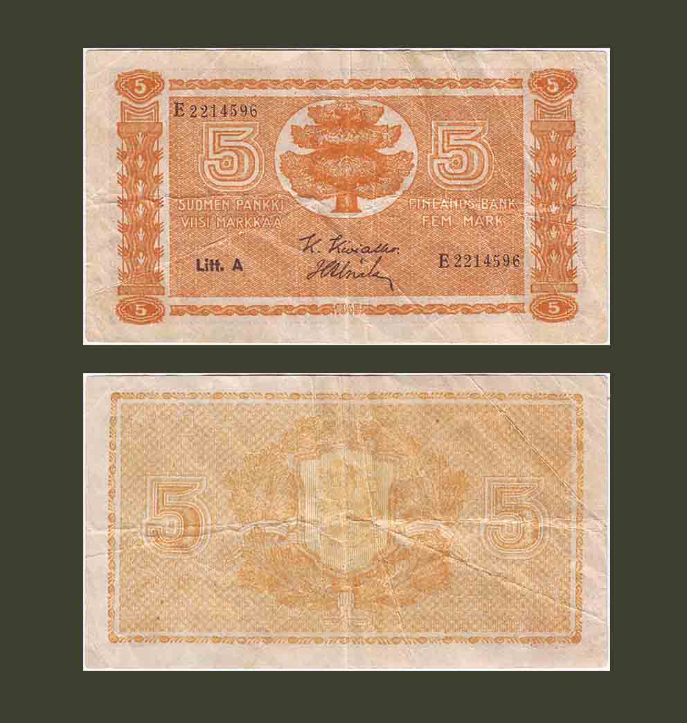 Finland 5 Markkaa 1945 P76 VF