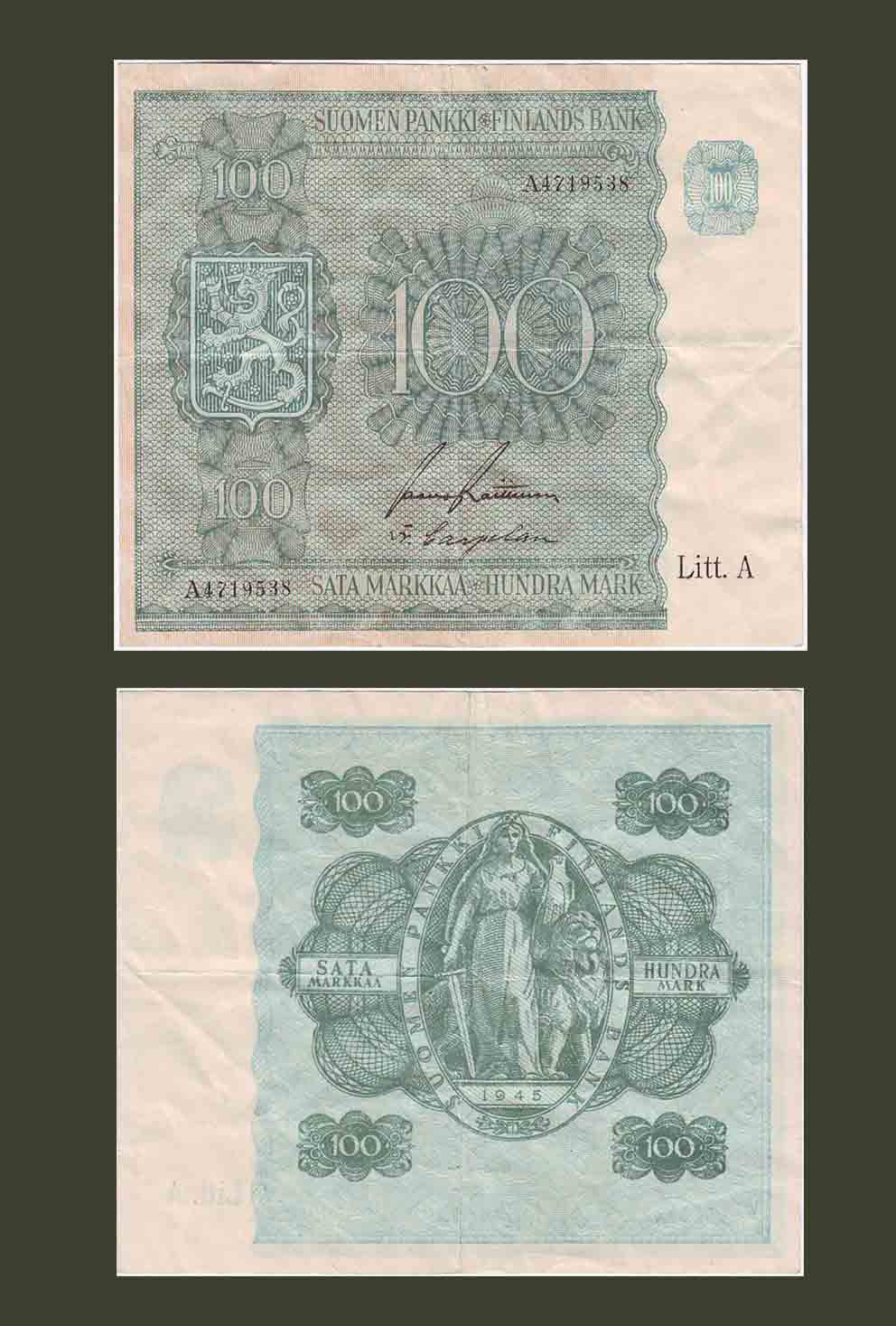 Finland 100 Markkaa 1945 P88 VF