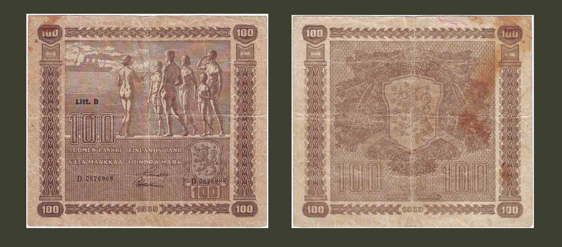 Finland 100 Markkaa 1939 P73a F-VF