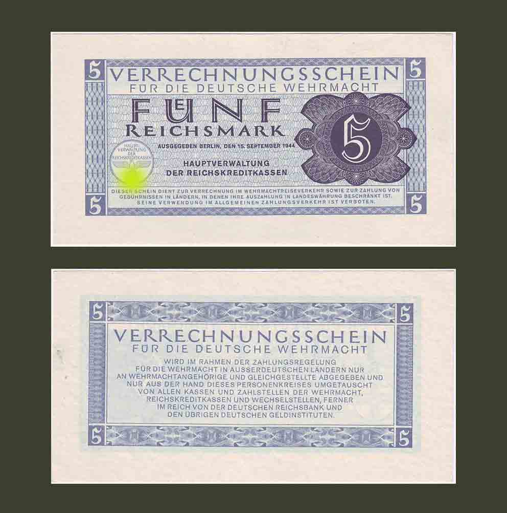 Nazi Germany Wehrmacht 5 Reichsmark 1944 UNC