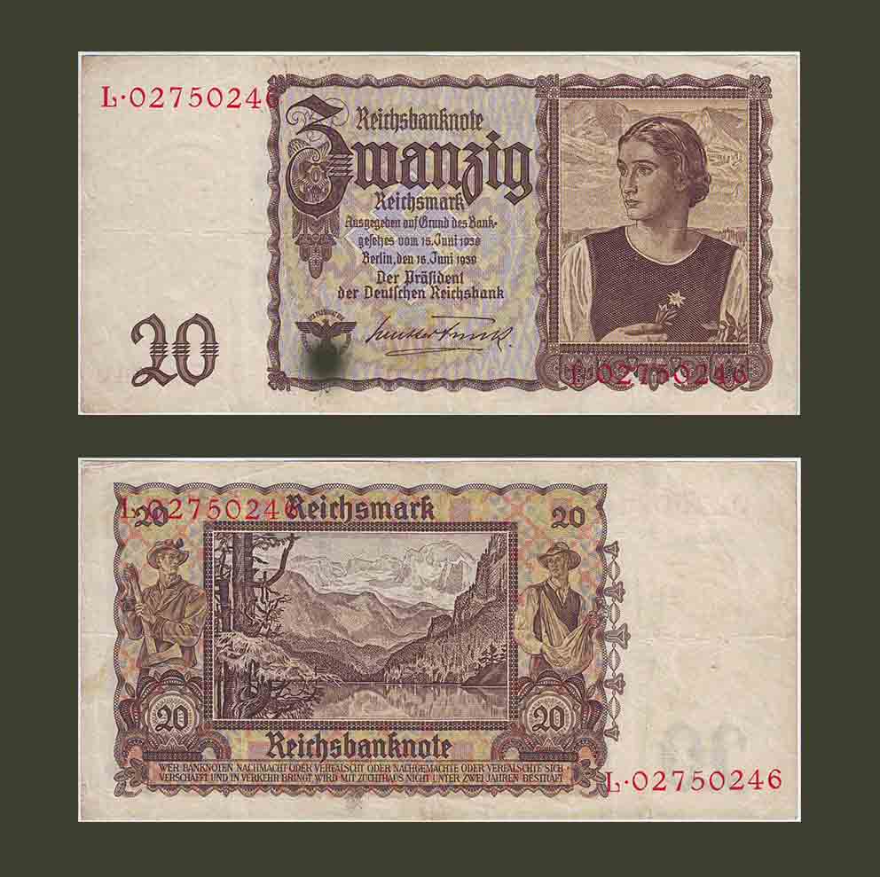 Nazi Germany 20 Reichsmark 1939 P185 aXF