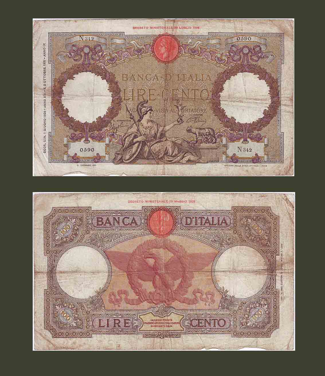 Italy 100 Lire 1938 P55 F