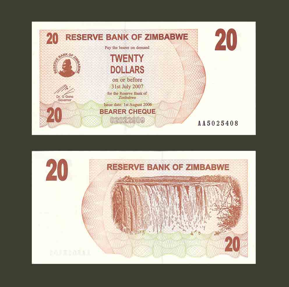 Зимбабве 20 долларов 2007 P40 UNC