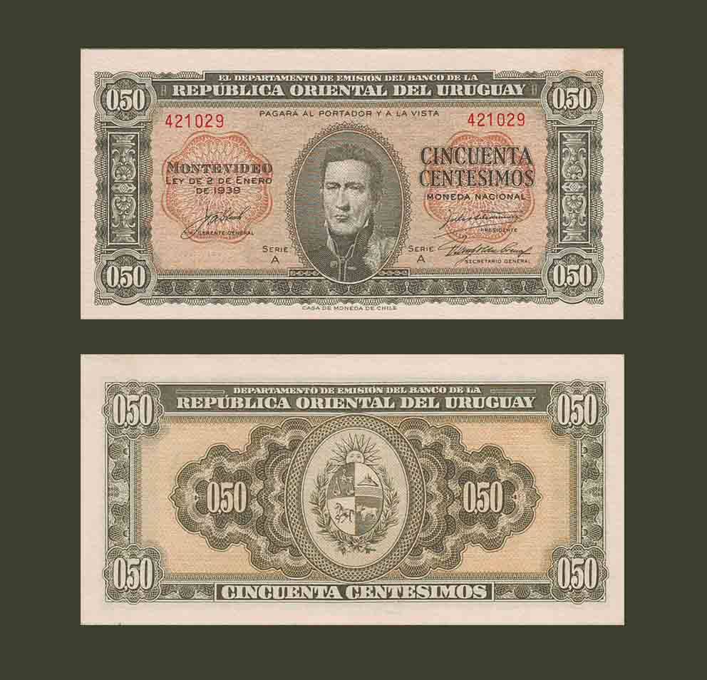 Uruguay 50 centesimos 1939 P34 UNC