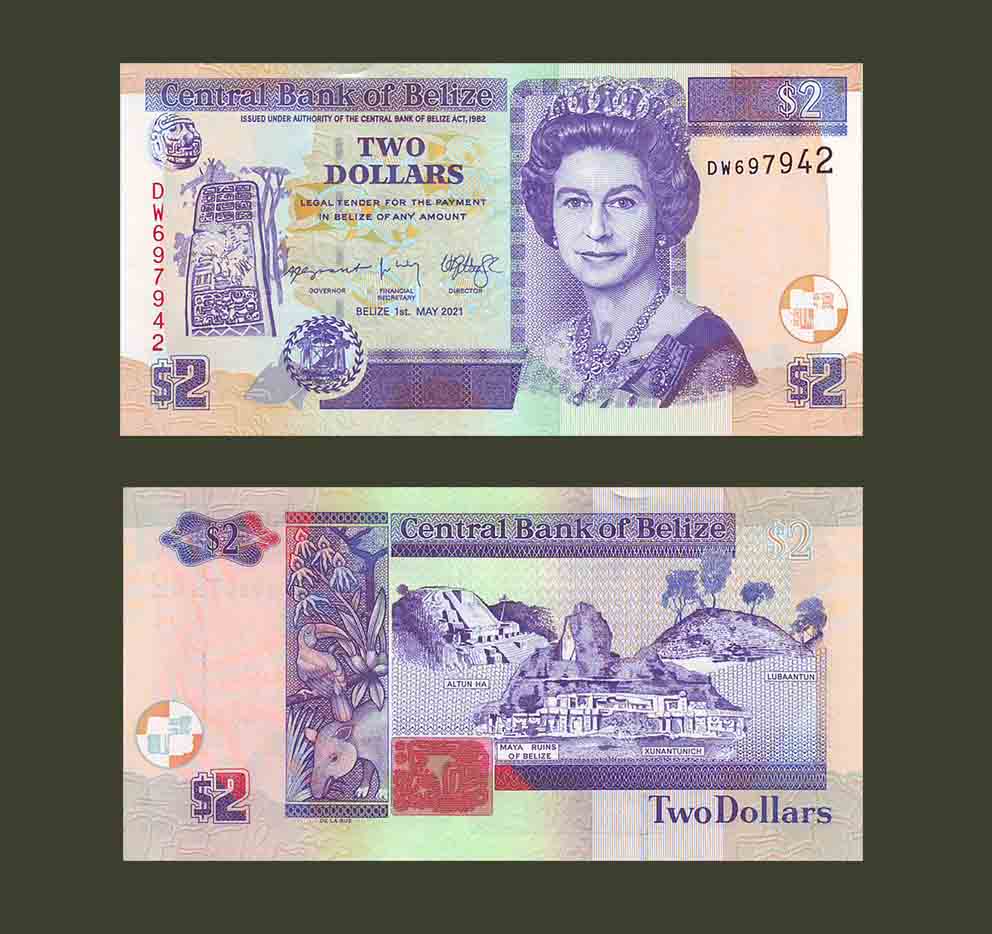 Belize 2 Dollars 2021 P66 UNC