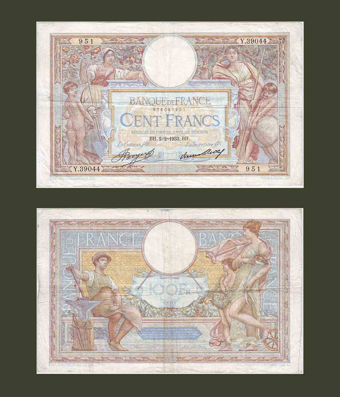France 100 Francs 1933 P78c F (pinholes)